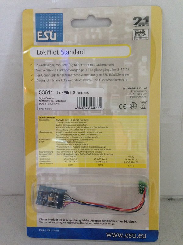 ESU LokPilot Standard DCC Decoder, mit 8-poligem Stecker nach NEM 652 53611
